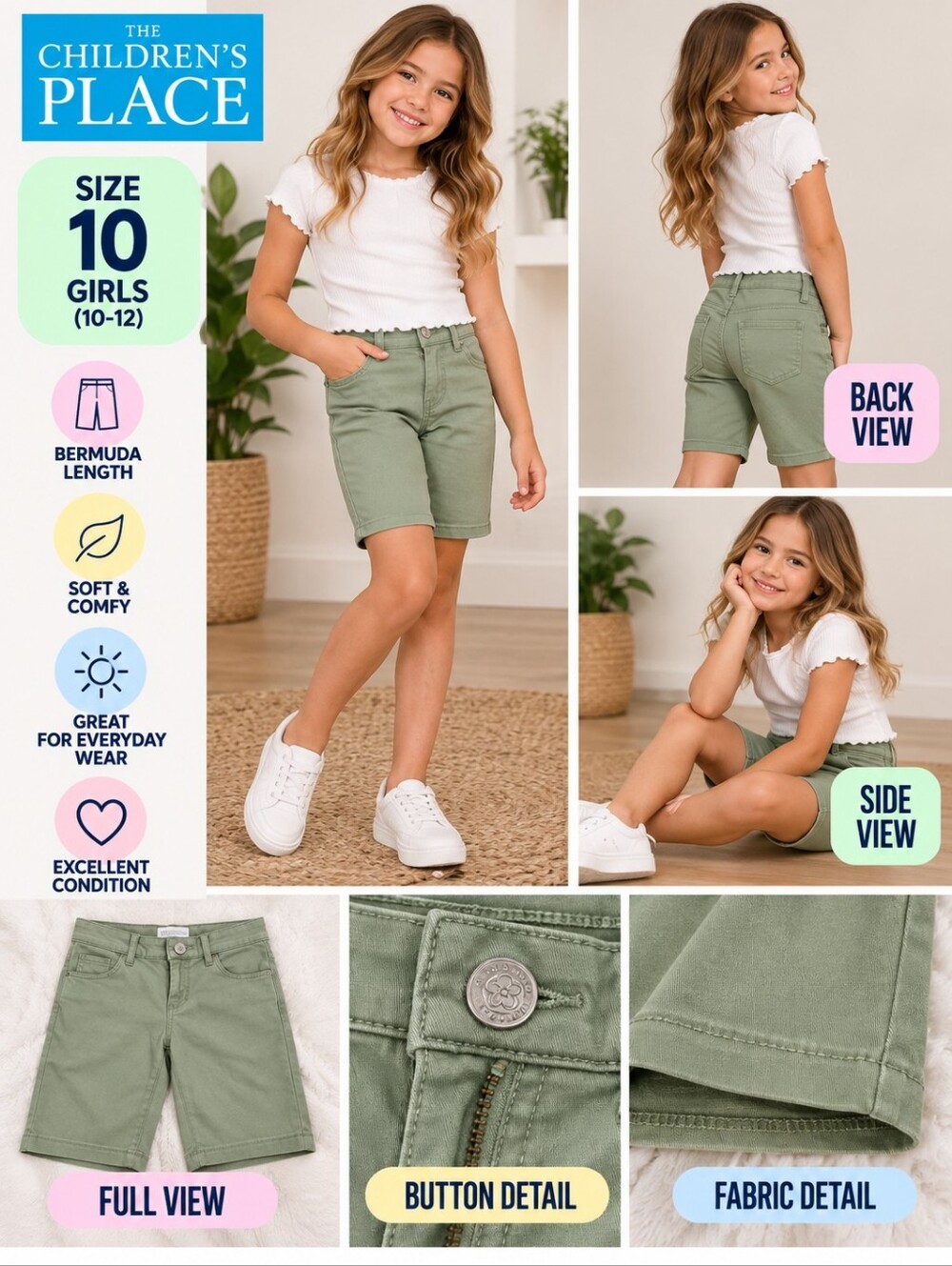 Children's Place girls size 10 green bermuda shorts #01